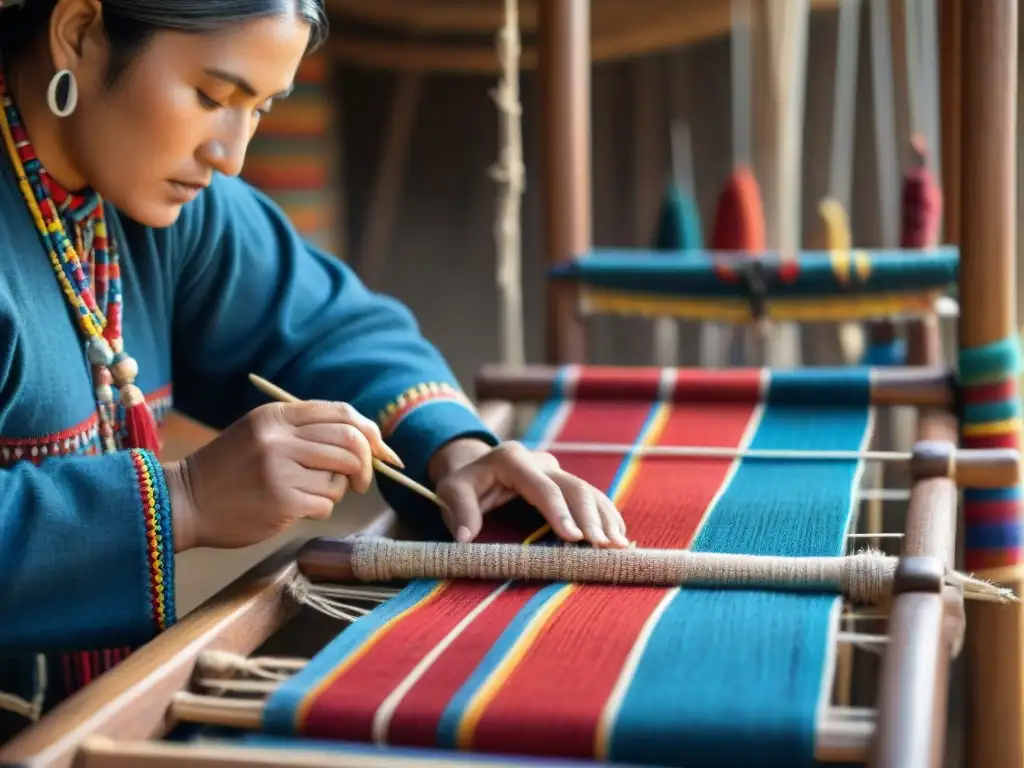 Artesanía Mapuche: Tejiendo con maestría y tradición Hábiles artesanos Mapuche preservando técnicas textiles con hilos vibrantes en telar de madera