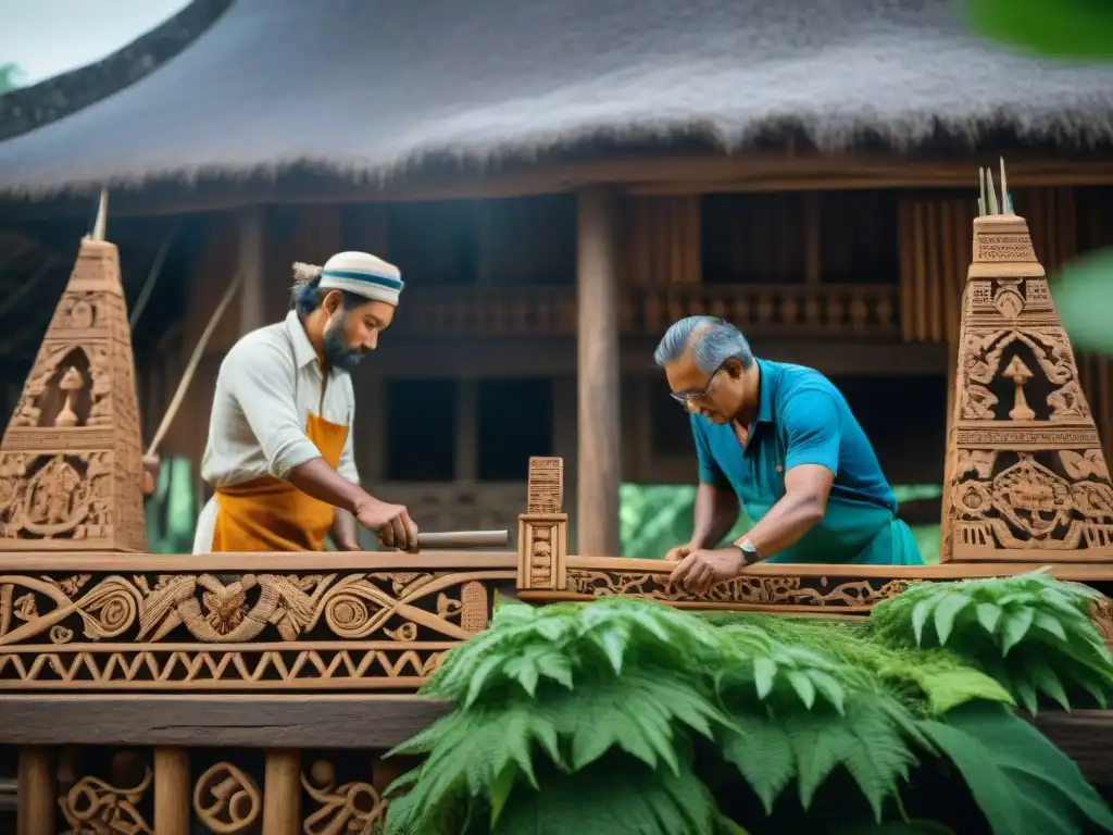 Restauración detallada por artesanos indígenas en ruinas históricas Hábiles artesanos restaurando tallas en estructura indígena ancestral, usando técnicas tradicionales