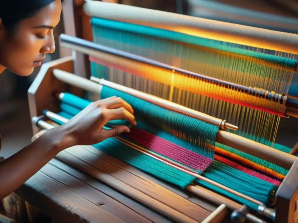 Hábiles artesanos tejiendo textiles tradicionales en telar de madera