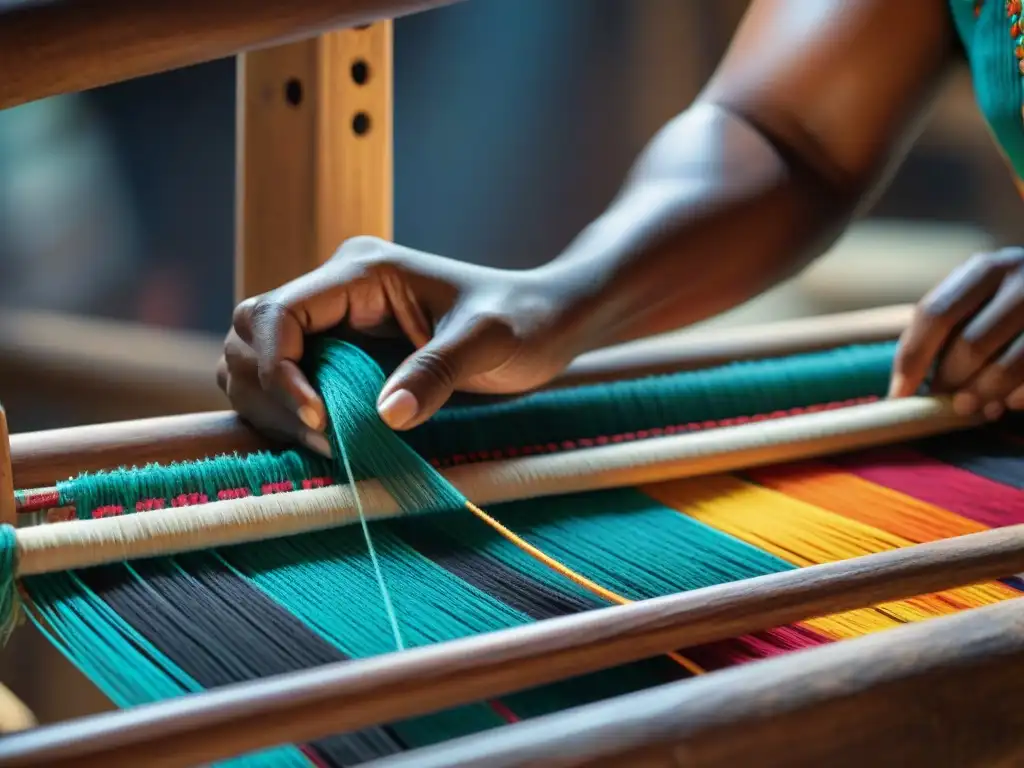 Las hábiles manos de una artesana indígena tejen un colorido tejido con patrones únicos, en un telar de madera rústico