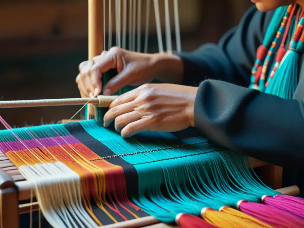 Artesanía Mapuche: Tejiendo Tradición en Telar Las hábiles manos de una artesana Mapuche tejiendo en telar tradicional, preservando técnicas textiles Mapuche