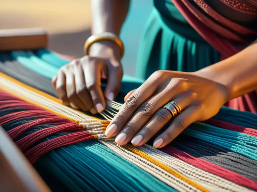 Las hábiles manos de un artesano indígena tejen con delicadeza un patrón textil tradicional, transmitiendo el arte textil indígena