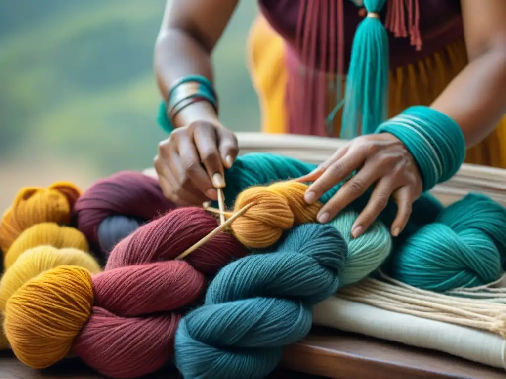 Las hábiles manos de un artesano indígena tiñen hilos con técnicas tradicionales