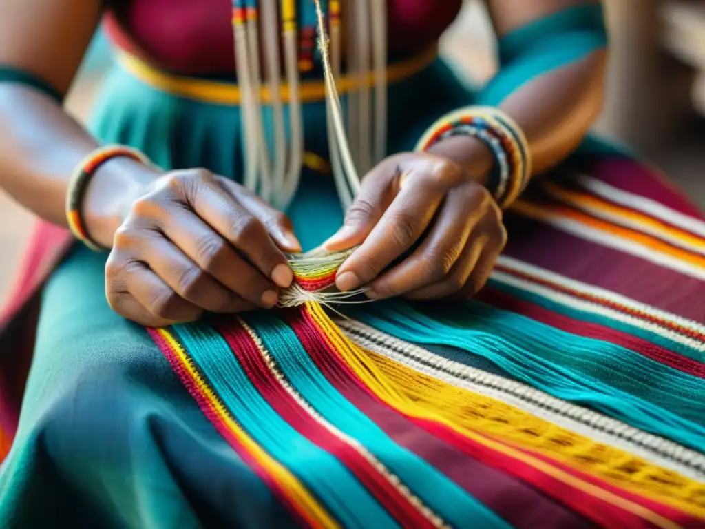 Las hábiles manos del artesano indígena tejiendo hilos coloridos en una pieza textil, destacando la artesanía auténtica y cultural