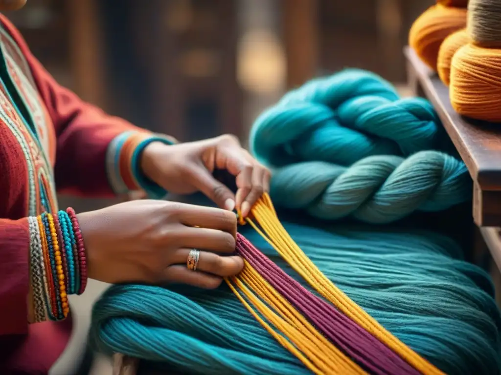 Las hábiles manos de un artesano indígena tejen con destreza hilos coloridos, en un ambiente cultural y místico