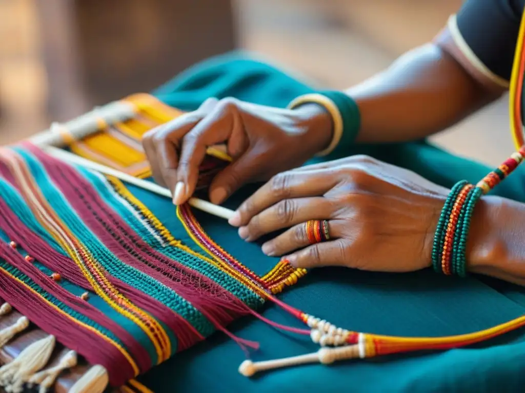 Las hábiles manos de un artesano indígena tejiendo un textil tradicional, destacando la riqueza cultural y artística de las comunidades indígenas