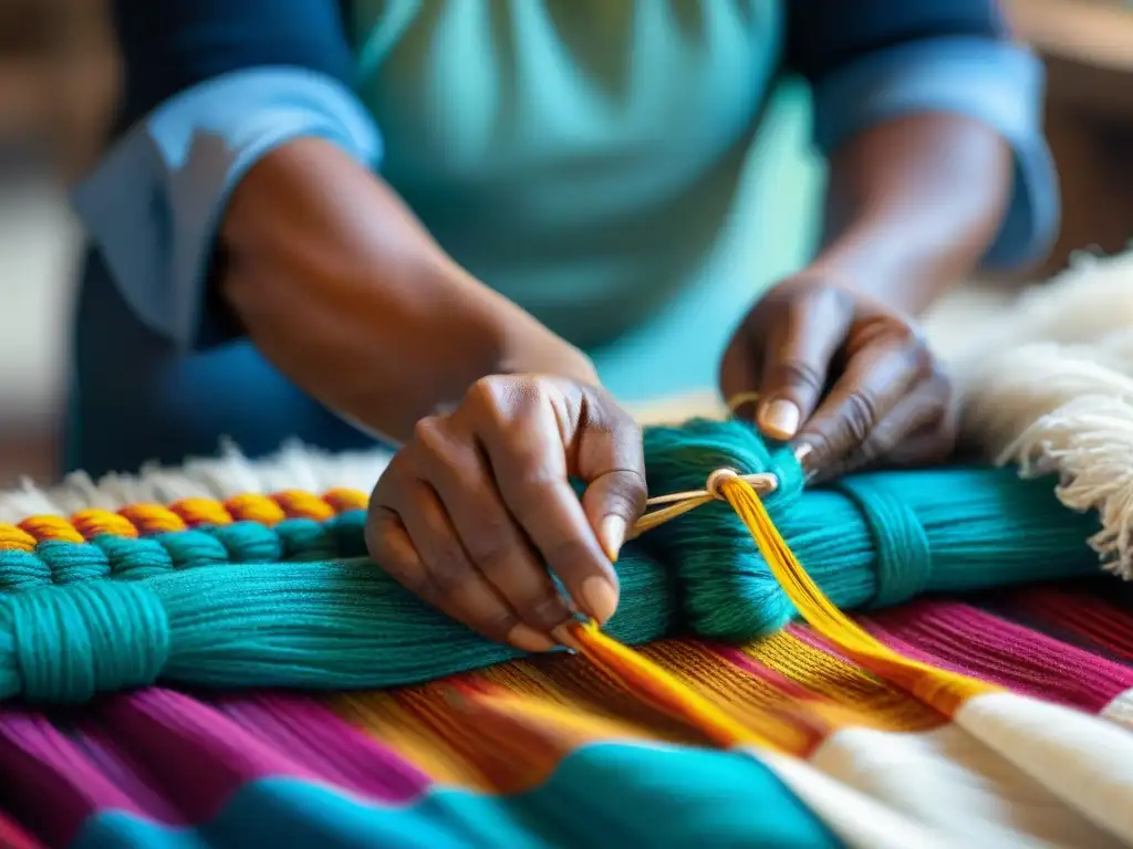 Las hábiles manos de un artesano indígena tejiendo patrones tradicionales en un textil vibrante, honrando la estética indígena en diseño interior