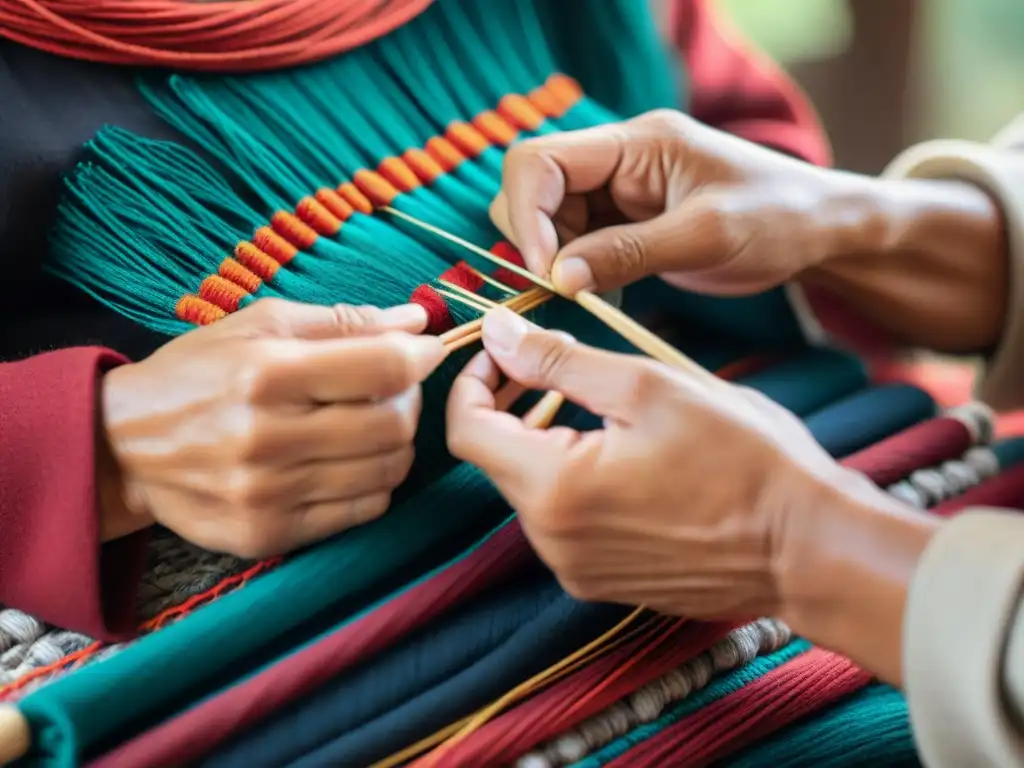 Arte textil Mapuche: manos expertas preservando tradición Las hábiles manos de un artesano Mapuche tejiendo con destreza, preservando técnicas textiles Mapuche