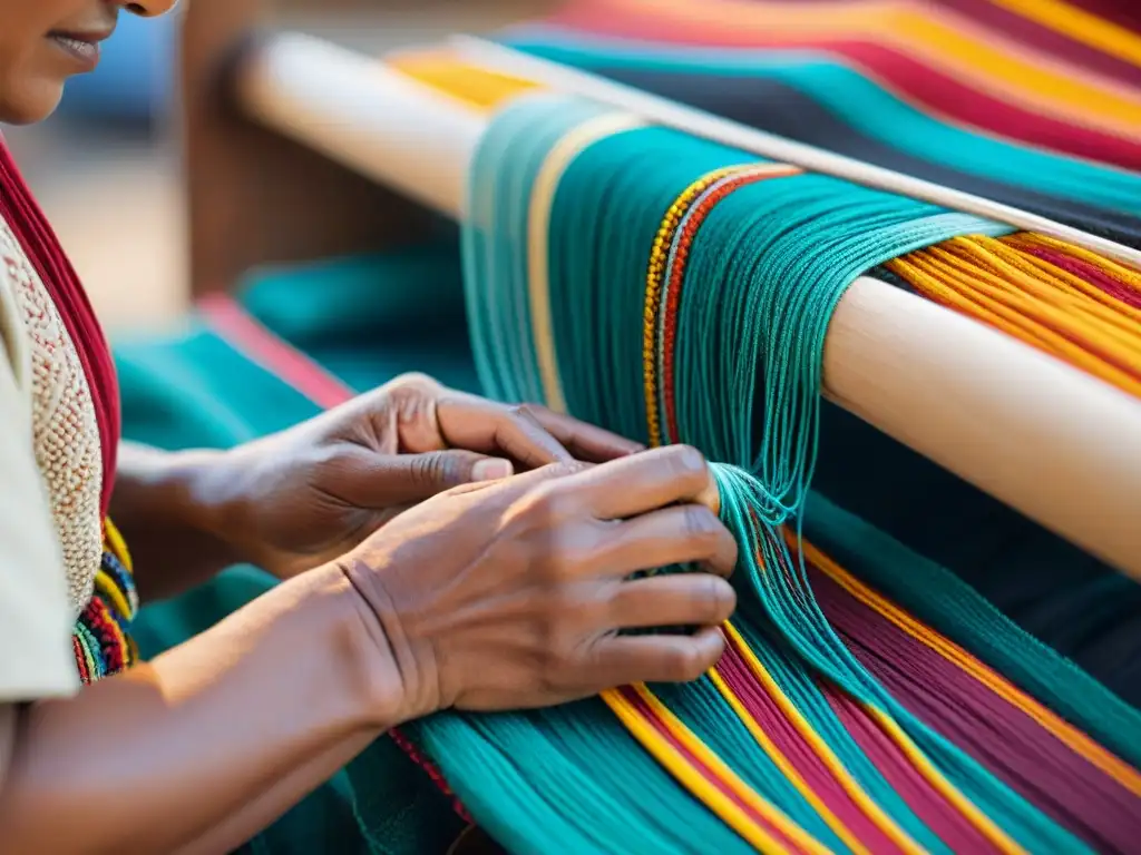 Las hábiles manos de un artesano tejiendo un patrón textil indígena tradicional