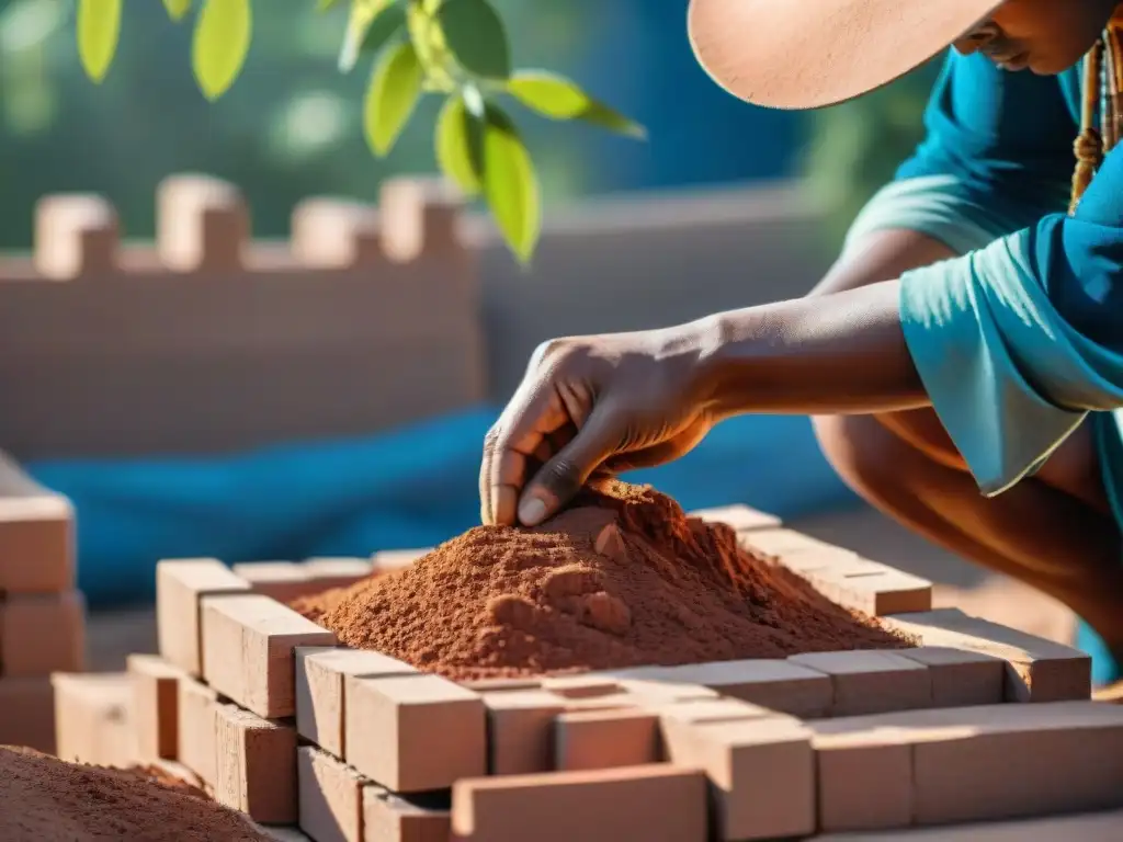 Hábiles manos indígenas moldean ladrillos de adobe bajo el sol, en una construcción con materiales naturales