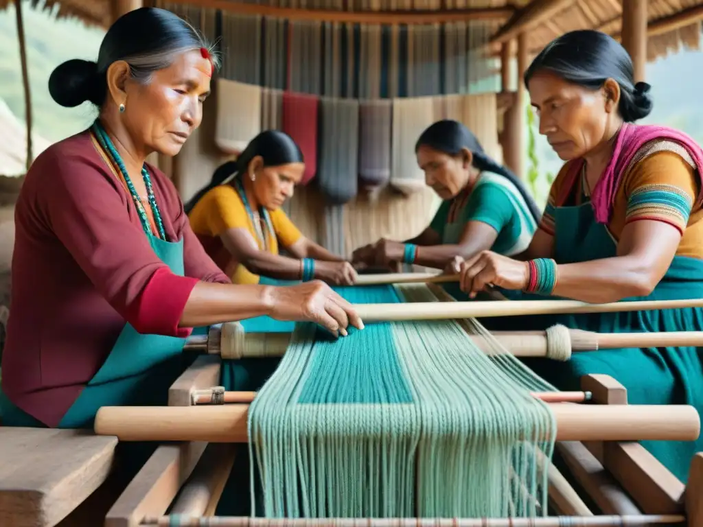 Hábiles manos indígenas tejiendo textiles con patrones vibrantes en telares tradicionales