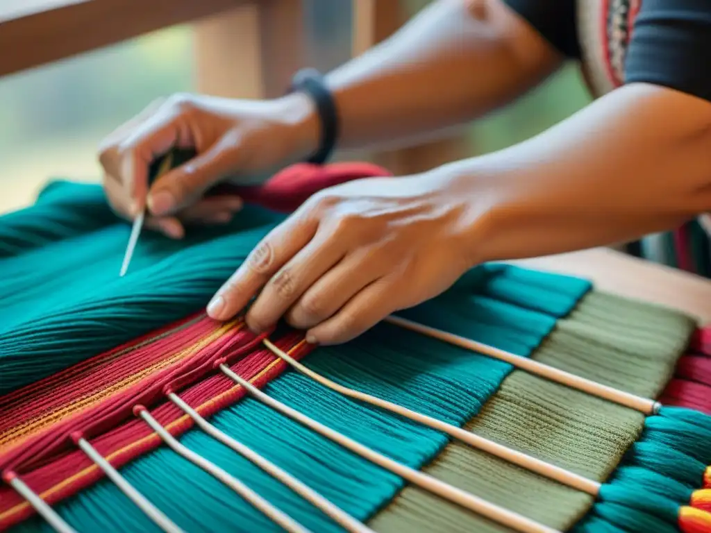 Hábiles manos mapuches tejiendo textiles con patrones tradicionales en un entorno artesanal iluminado