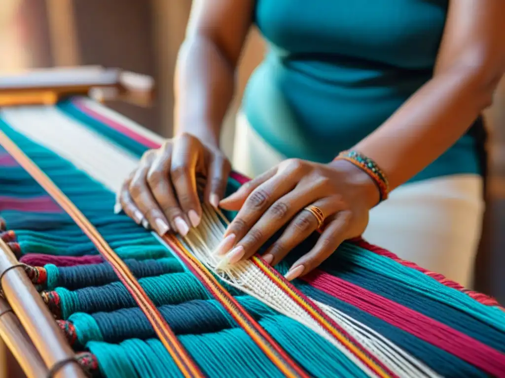 Las hábiles manos de una mujer indígena tejiendo con delicadeza, resaltando las artes textiles mujeres indígenas