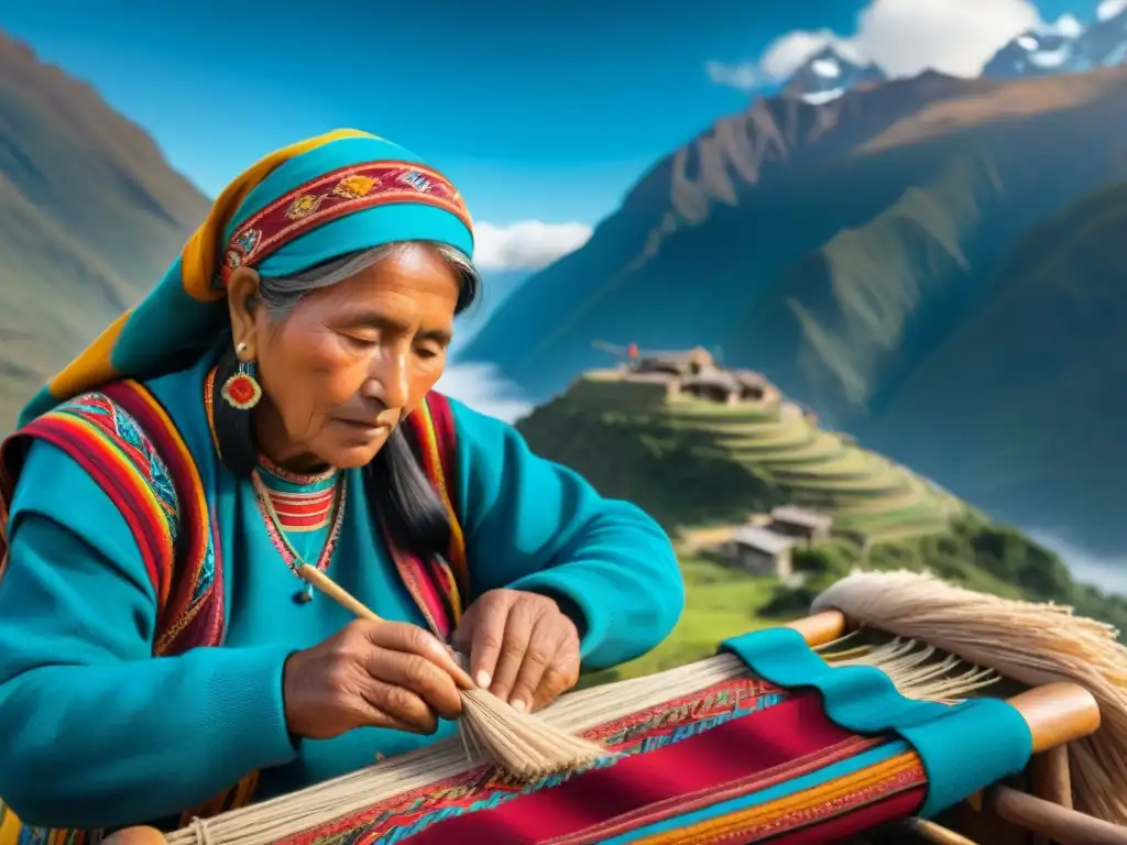 Hábiles manos tejiendo textiles tradicionales Quechua en los Andes, con montañas y cielo azul