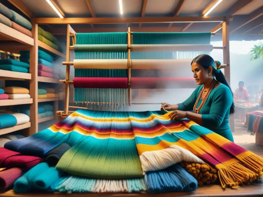 Hábiles manos tejen textiles tradicionales en vibrante comunidad, reflejando impacto económico