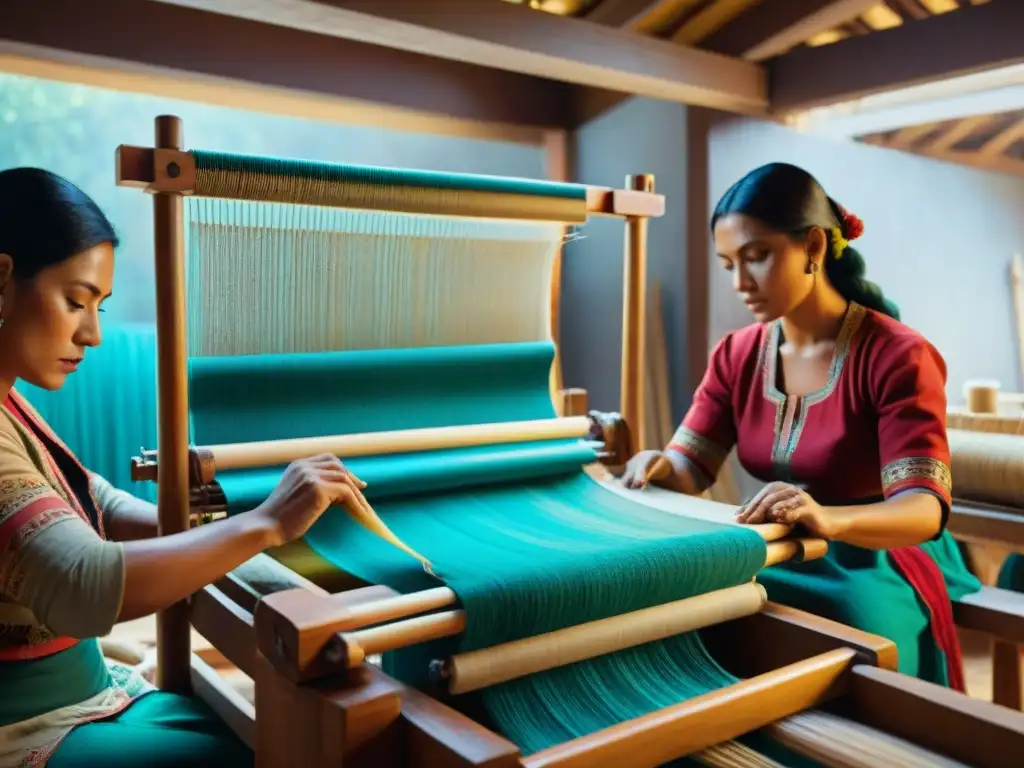 Hábiles manos tejiendo textiles Zapotecas en telares de madera, mostrando la filosofía detrás de la ancestral artesanía