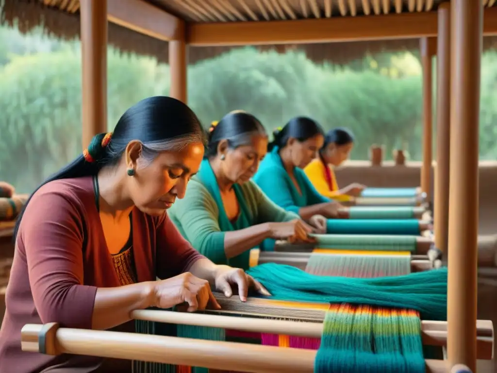 Hábiles tejedores Zapotecas creando patrones en telares de madera, concentrados en su arte ancestral