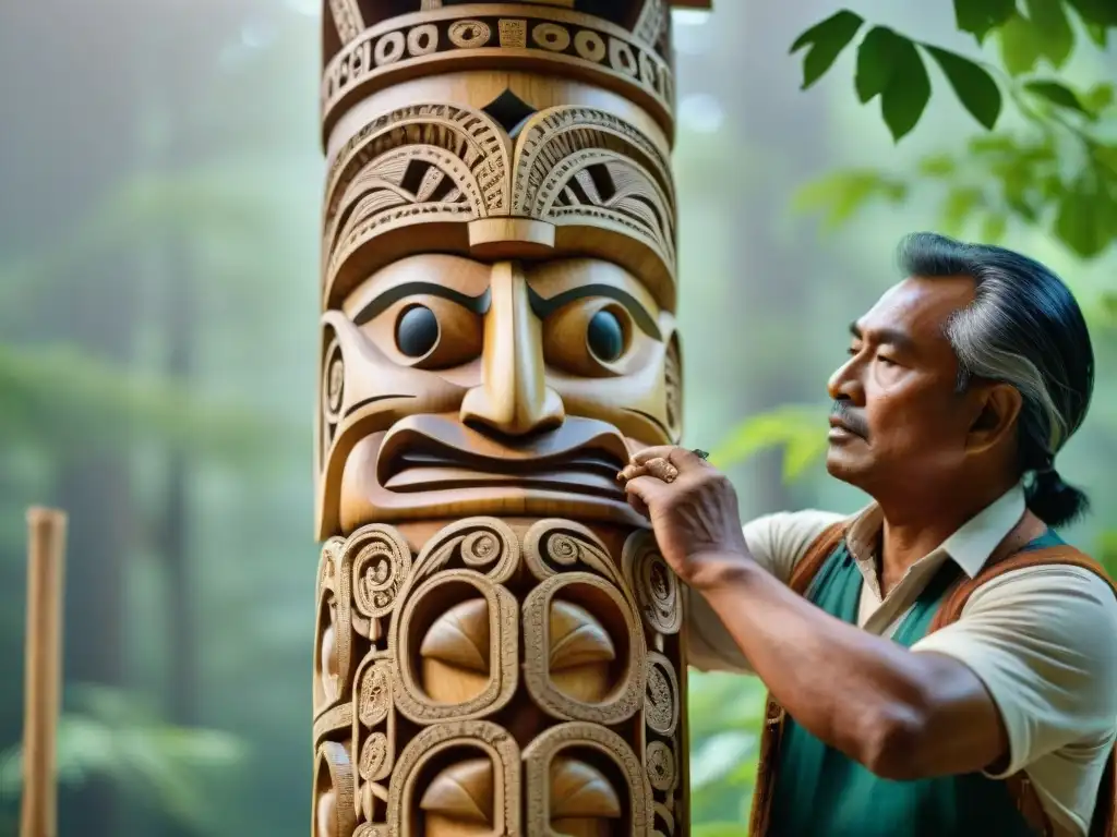 Habilidoso artesano indígena tallando diseño en totem, en medio de la selva