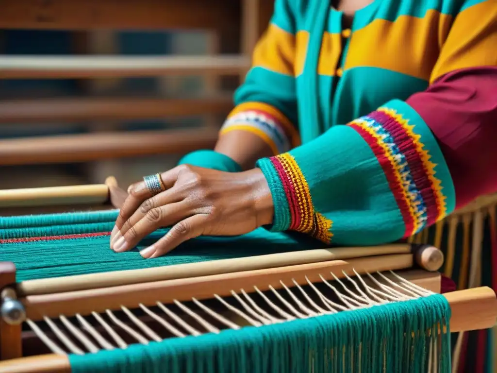 Un habilidoso artesano indígena teje patrones en un textil tradicional, resaltando la riqueza de las Tendencias textiles indígenas contemporáneas