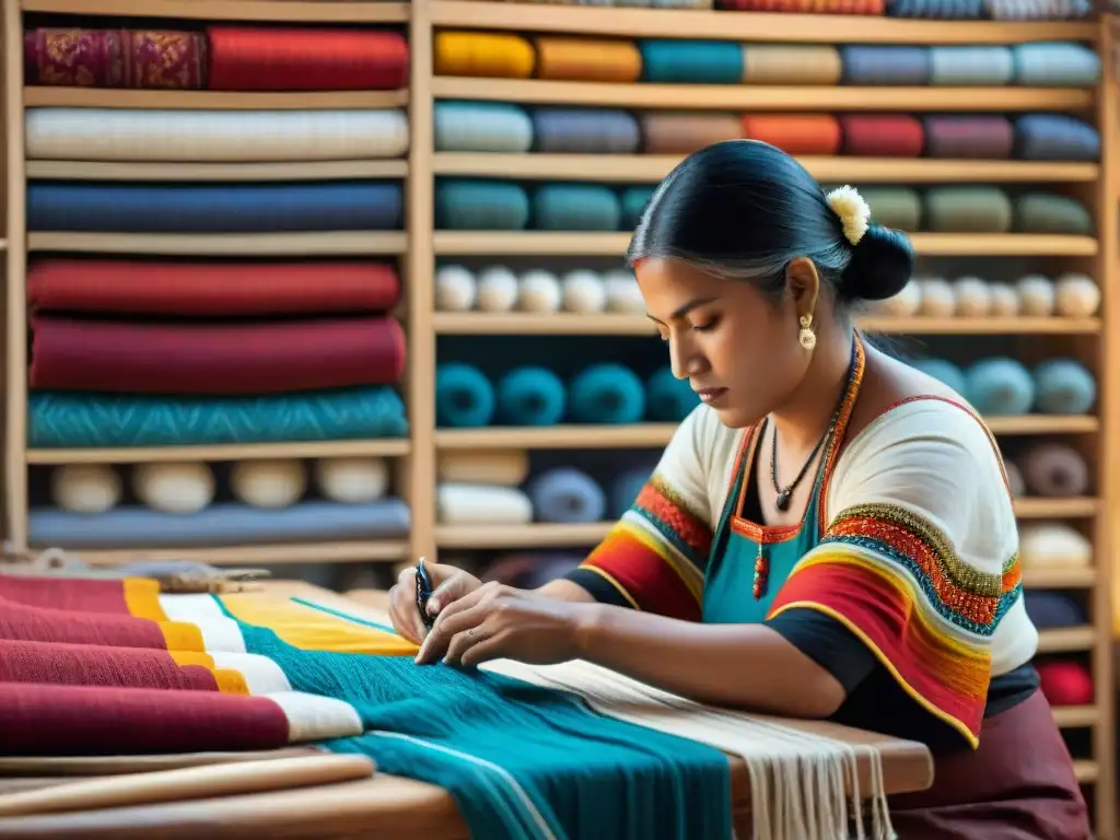 Un habilidoso artesano indígena creando una pieza textil tradicional rodeado de patrones vibrantes y textiles intrincados