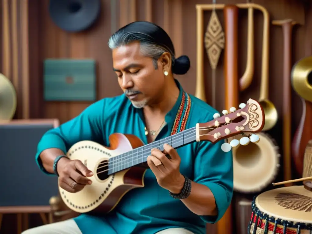 Un habilidoso músico indígena preservando instrumentos tradicionales en un taller decorado