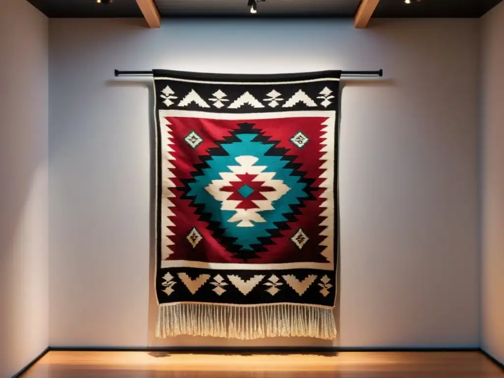 Una hermosa alfombra Navajo exhibida en una galería del Museo de Arte Nativo Americano en los Estados Unidos