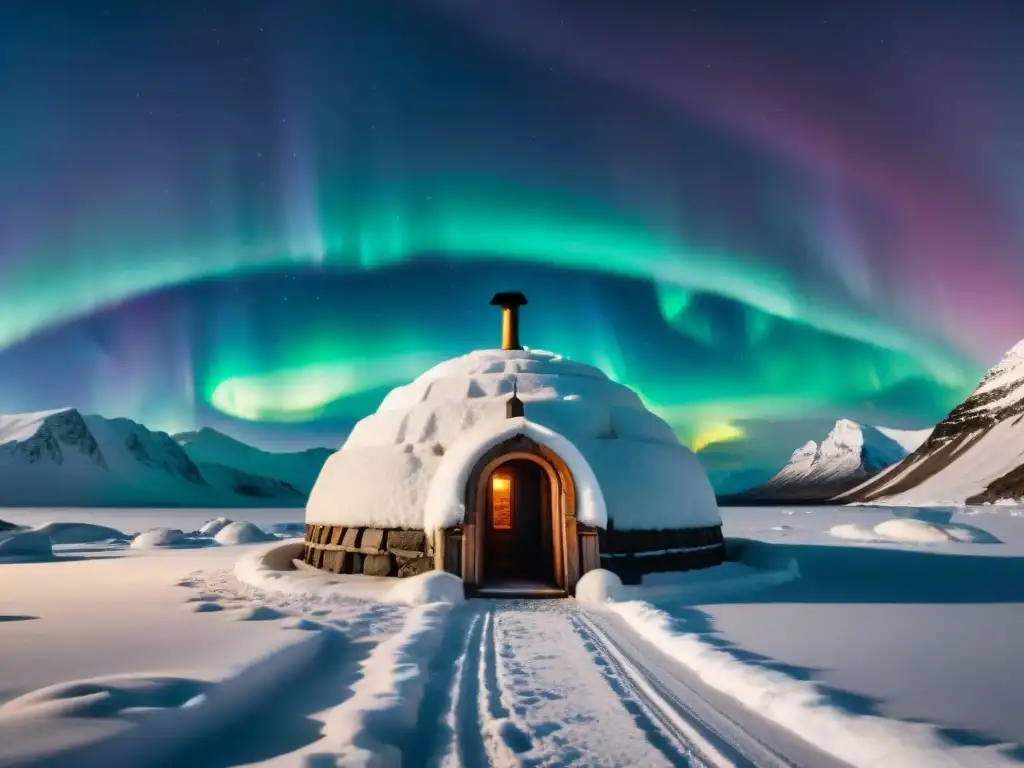 Hermosa arquitectura tradicional de los Inuit: un iglú detallado en un paisaje invernal bajo la aurora boreal