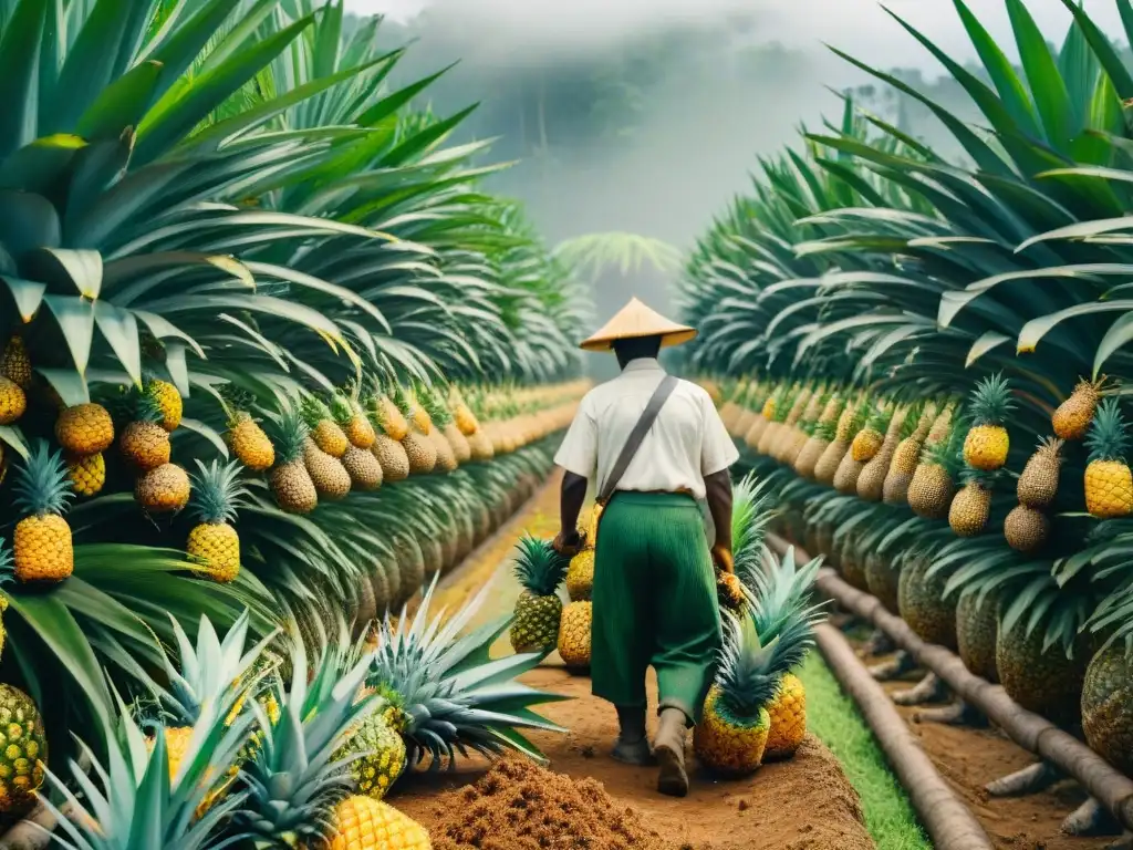 Hermosa plantación de piñas con técnicas sostenibles y vestimenta tradicional