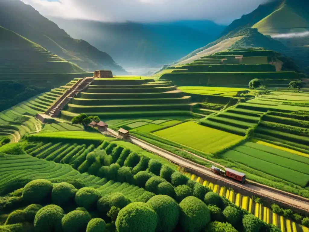 Ingeniería hídrica de culturas indígenas: Antiguos acueductos precolombinos tallados en montañas, alimentando campos verdes con canales de agua