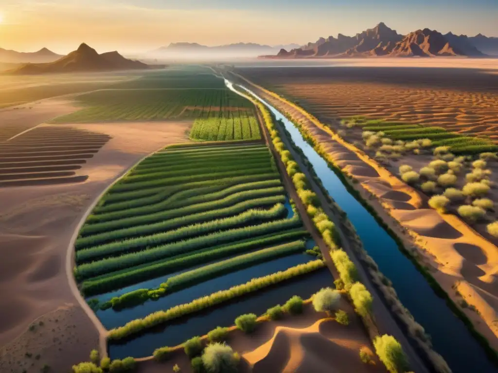 Ingeniería hídrica de culturas indígenas: Intrincadas redes de canales Hohokam en el desierto al atardecer