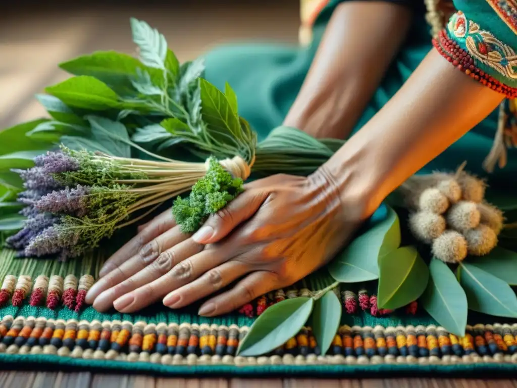 Un chamán arregla hierbas curativas en un tapete tradicional, reflejando el chamanismo en la medicina tradicional