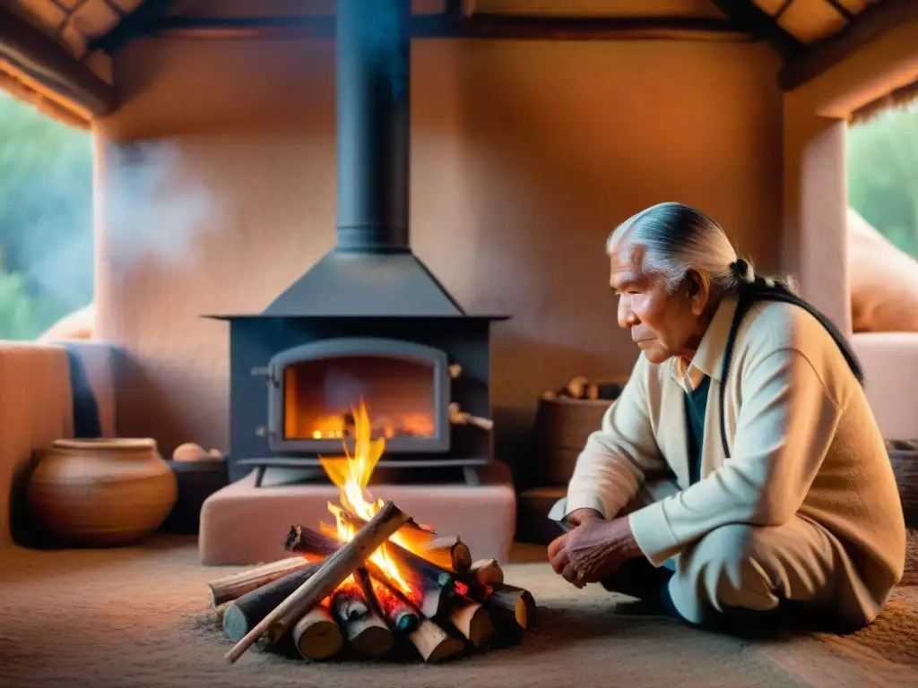 Elder indígena escucha historias junto al fuego en comunidad