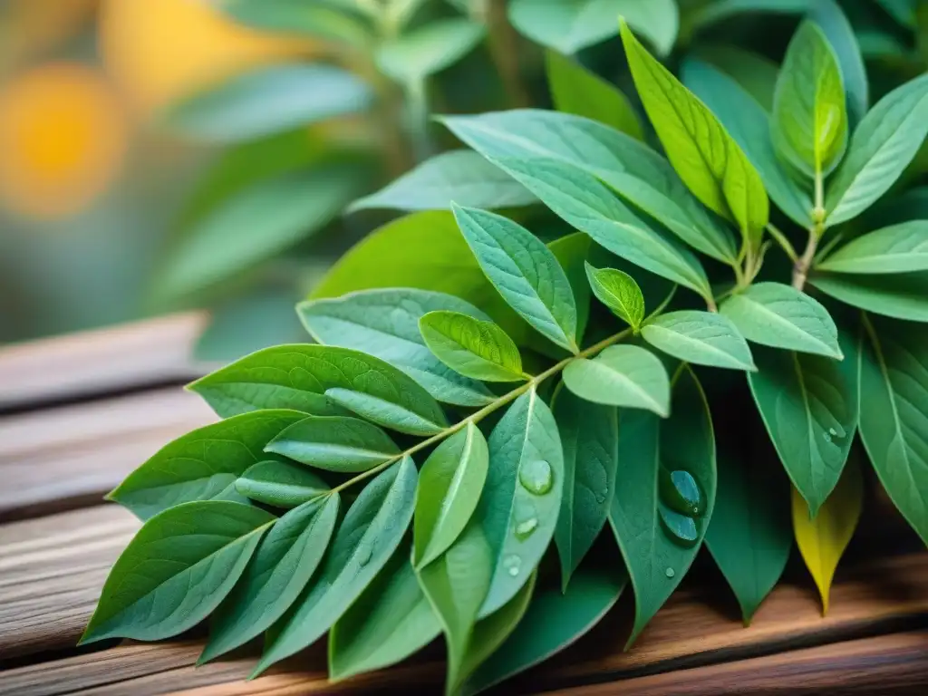 Hojas de yerba buena frescas, verdes y vibrantes, con gotas de rocío