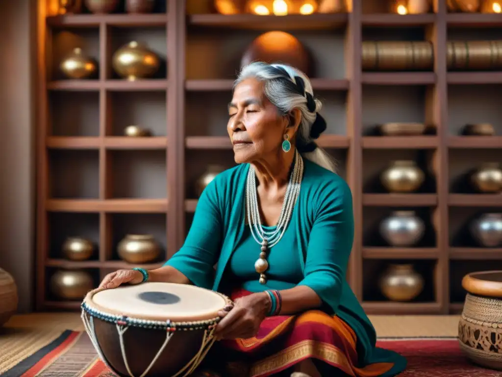 Preservación de idiomas a través de la música: Anciana indígena canta con emoción, rodeada de cultura en una habitación iluminada