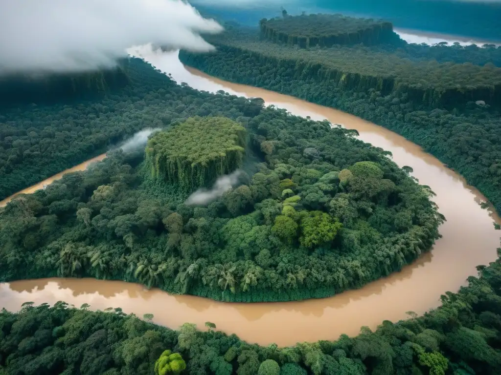 Imagen aérea de ríos, selva amazónica y aldeas indígenas, resaltando la conexión ancestral y el impacto cartográfico en las culturas indígenas