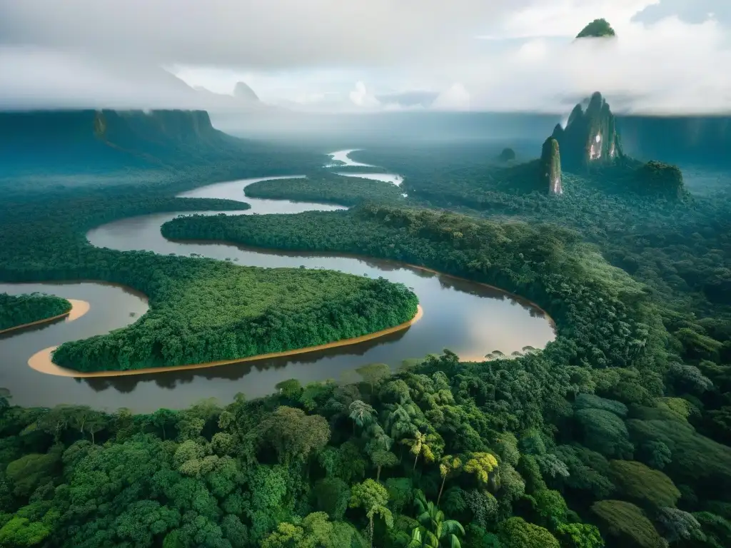 Imagen aérea detallada de la exuberante selva amazónica, con ríos serpenteantes y aldeas indígenas