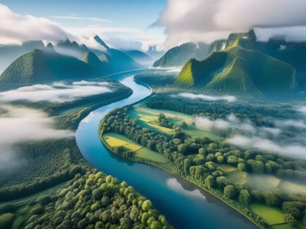 Imagen aérea de un paisaje verde exuberante con río, bosque denso, montañas nevadas y cielo azul