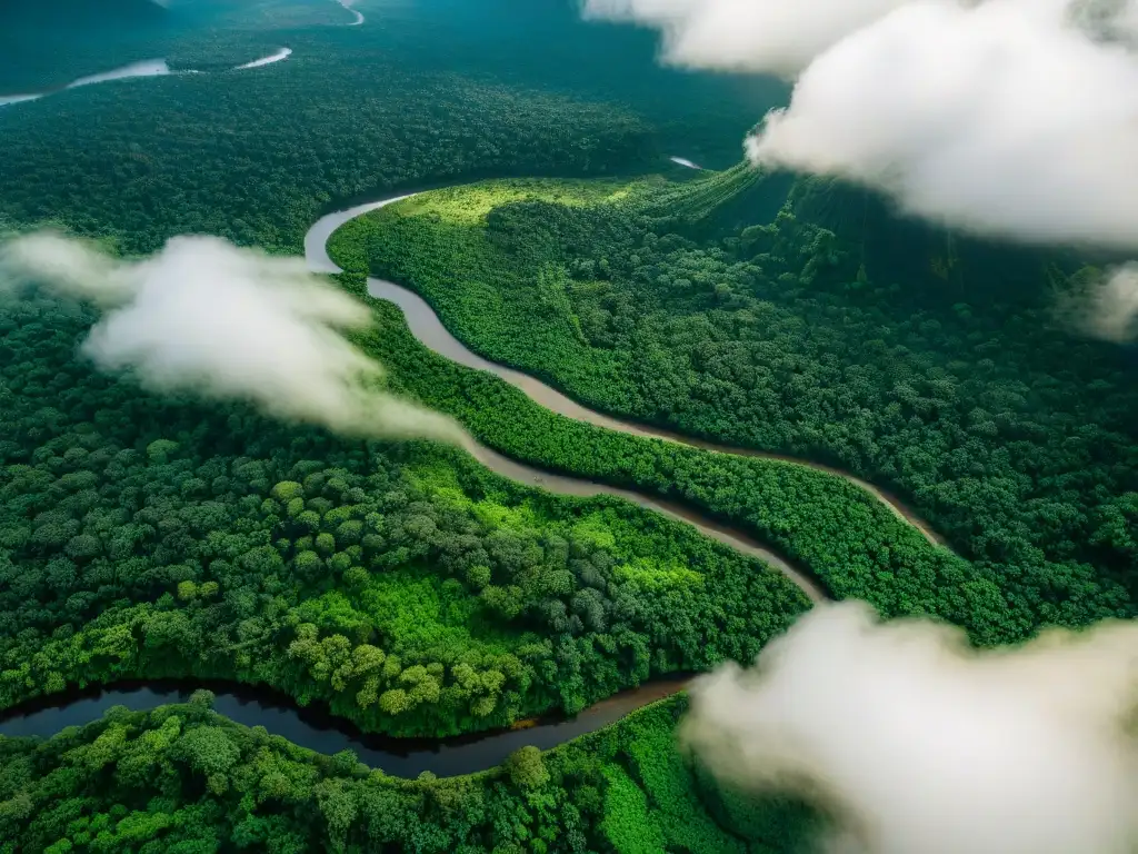 Imagen aérea de la selva amazónica con el río Amazonas, resaltando la importancia de políticas públicas y derechos de tierra en América