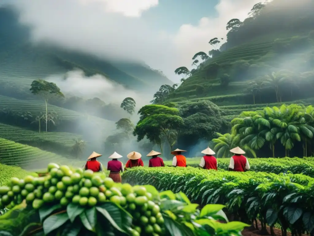 Imagen detalla agricultores indígenas recolectando café en plantación exuberante