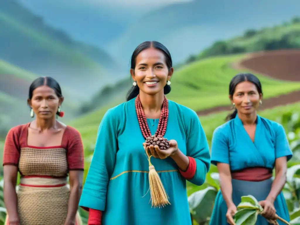 Imagen de agricultores indígenas en sus campos, mostrando con orgullo granos de café recién cosechados