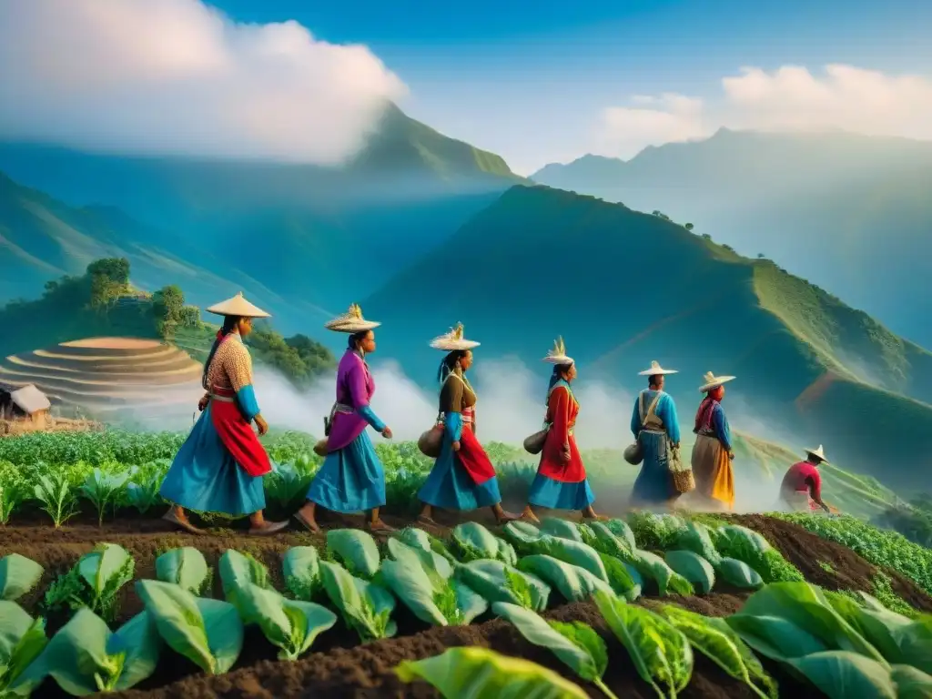 Imagen de agricultores indígenas en montañas, usando técnicas ancestrales