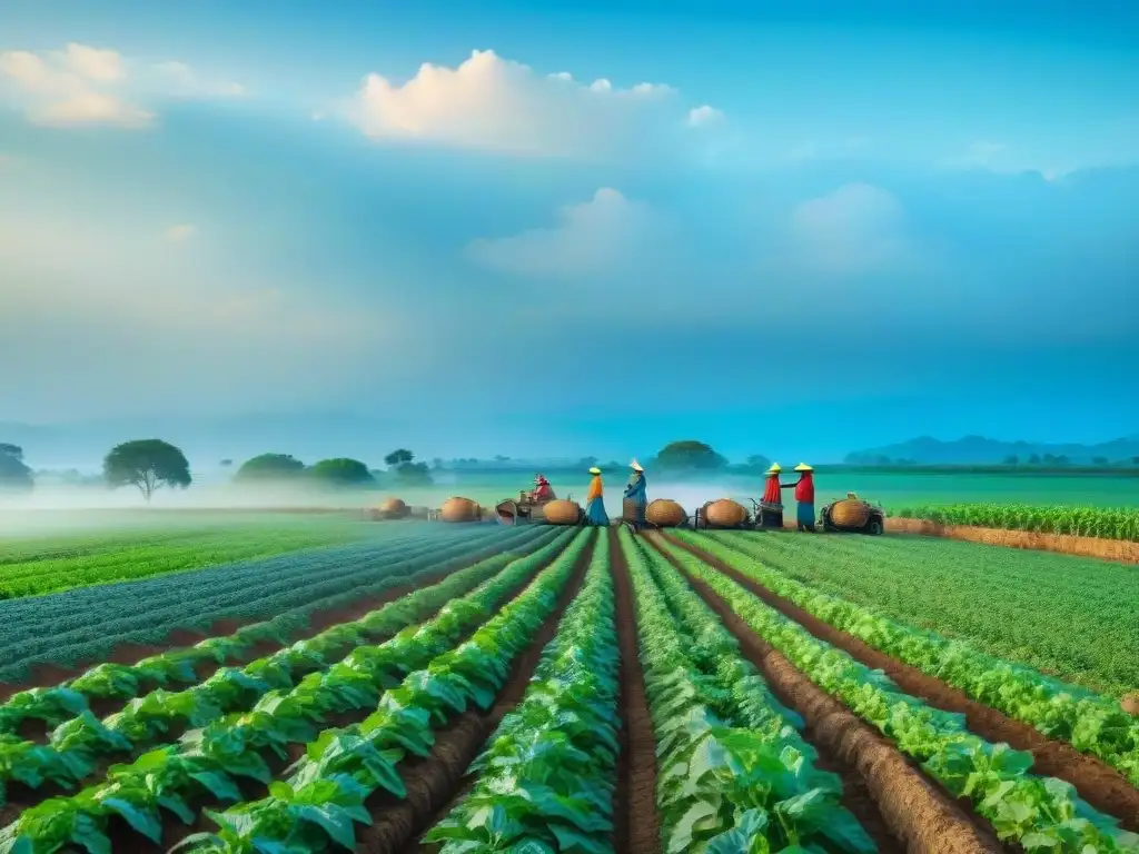 Imagen de agricultores tradicionales usando aplicaciones móviles en un campo verde vibrante bajo el cielo azul