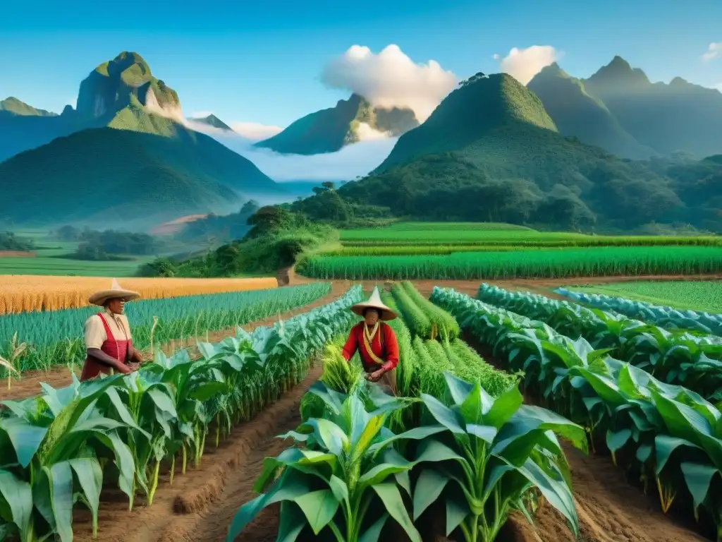 Imagen de agricultura ancestral indígena contemporánea: agricultores cultivando maíz, frijoles y calabaza en armonía y con sabiduría