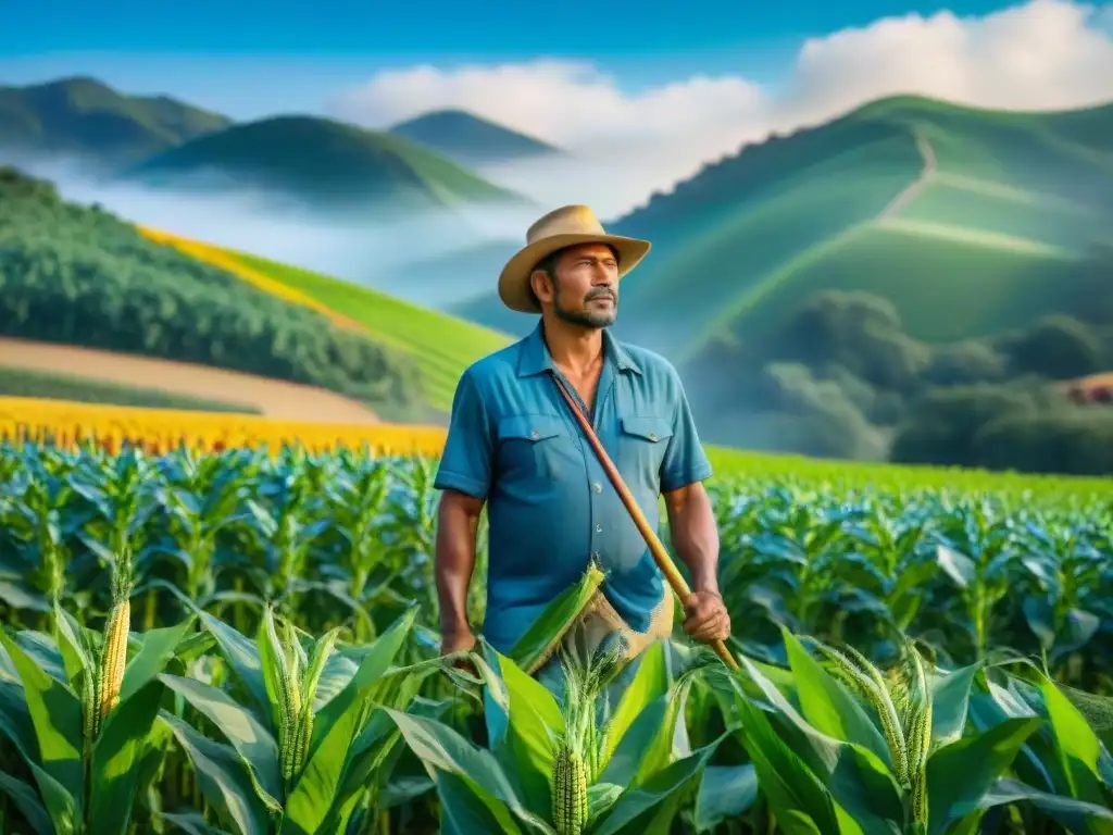 Imagen de agricultura sostenible en territorios indígenas: un campesino cuida un campo diverso y vibrante bajo un cielo azul