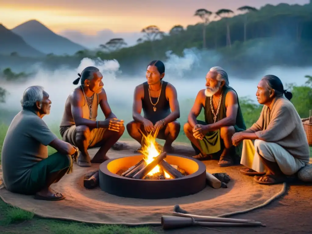 Imagen de ancianos indígenas alrededor de fogata, con herramientas antiguas y bosque al fondo