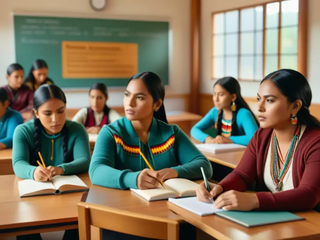 Imagen de aula vibrante en escuela indígena con enseñanza bilingüe, reflejando riqueza cultural y comunidad