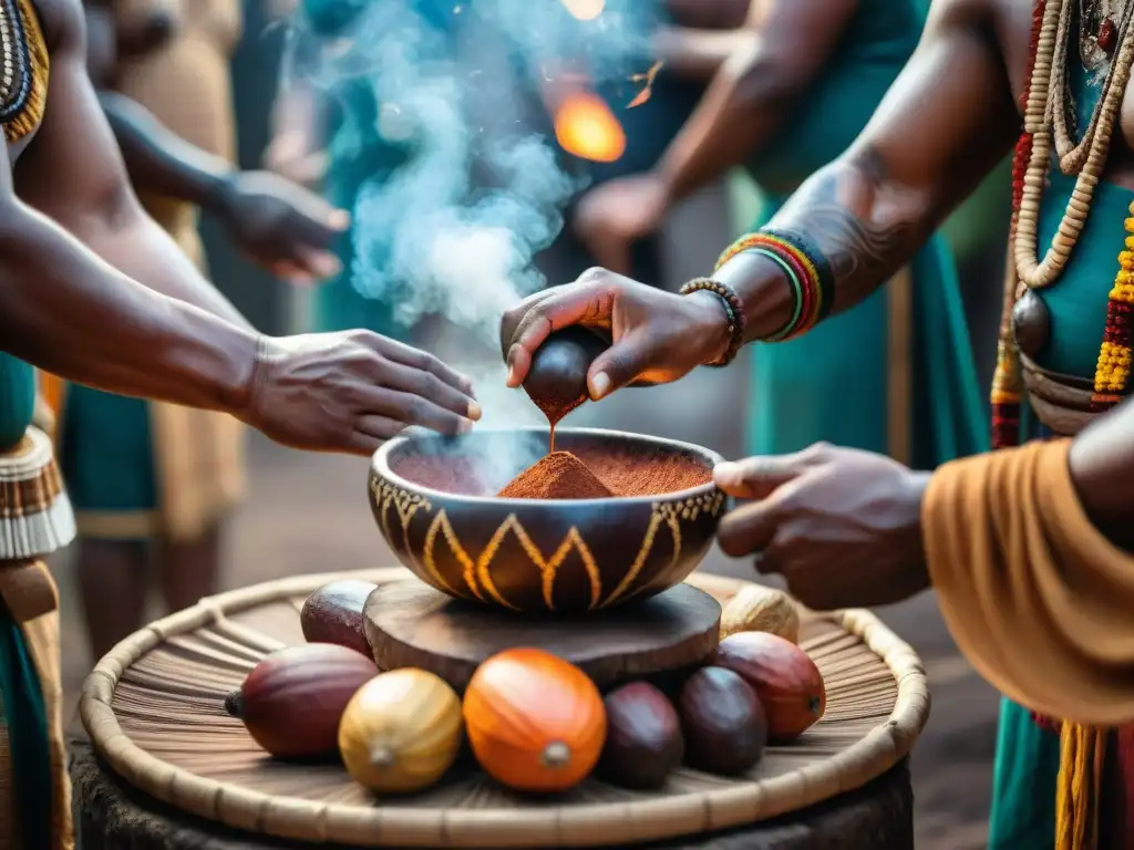 Imagen de la Ceremonia del Cacao en culturas indígenas con un chaman vertiendo líquido oscuro en tazas ornamentadas