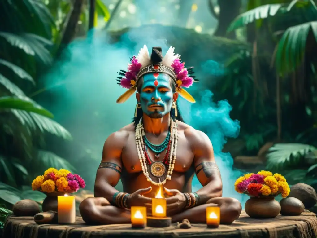 Imagen de un chamán maya en ritual espiritual en selva vibrante, con flores coloridas y humo de copal