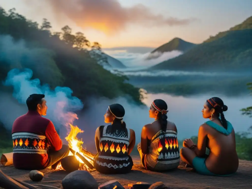 Una imagen detallada de activistas indígenas reunidos alrededor de una fogata en la noche, iluminados por el cálido resplandor de las llamas