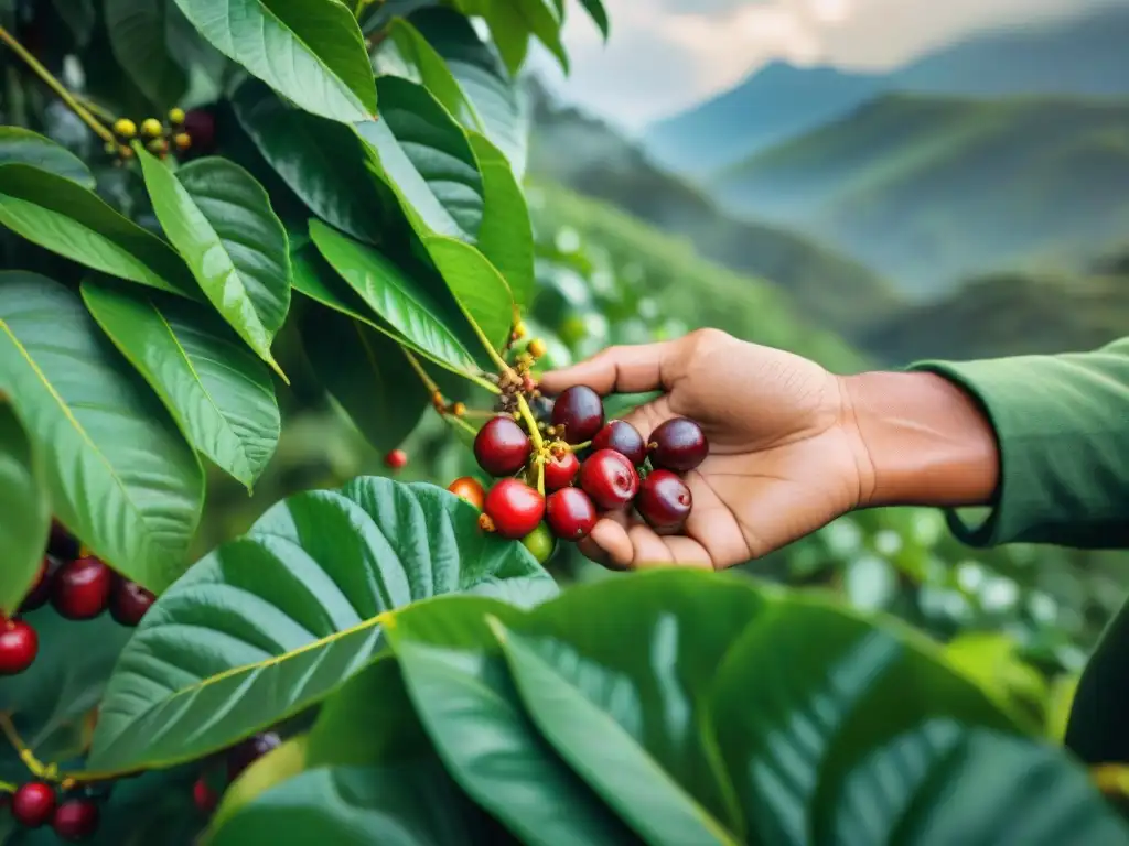 Imagen detallada: agricultores indígenas recolectan café, destacando el impacto económico del café indígena en América Latina